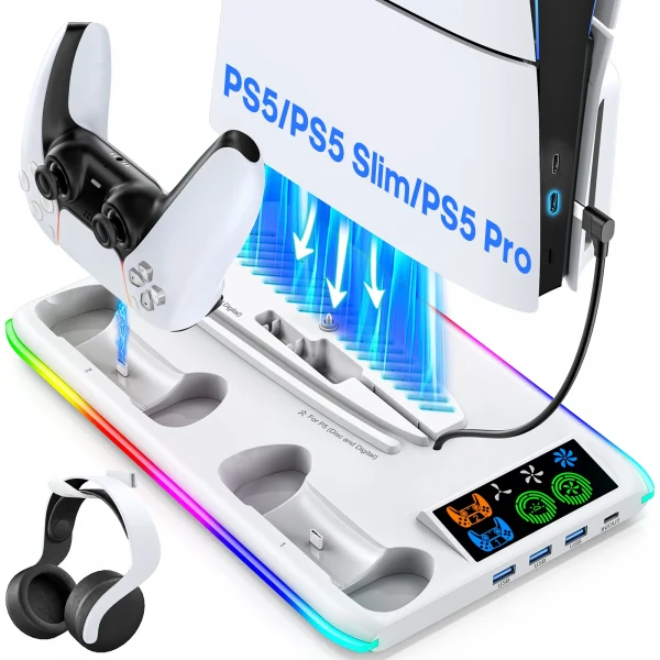 S009b7b57cb9244acb08257cabeee0bc8z.webp حامل ألعاب لوحدة التحكم Sony PS5، محطات تشغيل بلاي ستيشن PS 5 Slim Pro، حامل قاعدة دعم، مروحة تبريد، ملحقات ألعاب RGB