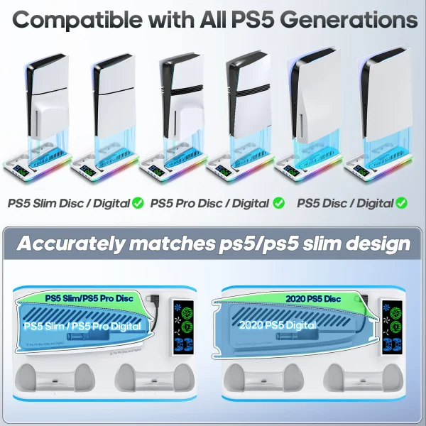 S56c2d8574c5042b4b62c9f5e341924c35.webp حامل ألعاب لوحدة التحكم Sony PS5، محطات تشغيل بلاي ستيشن PS 5 Slim Pro، حامل قاعدة دعم، مروحة تبريد، ملحقات ألعاب RGB